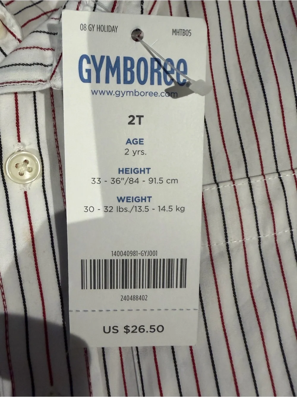 NWT Boys 2T Red, White, and Blue Striped Gymboree Long Sleeve Dress Shirt